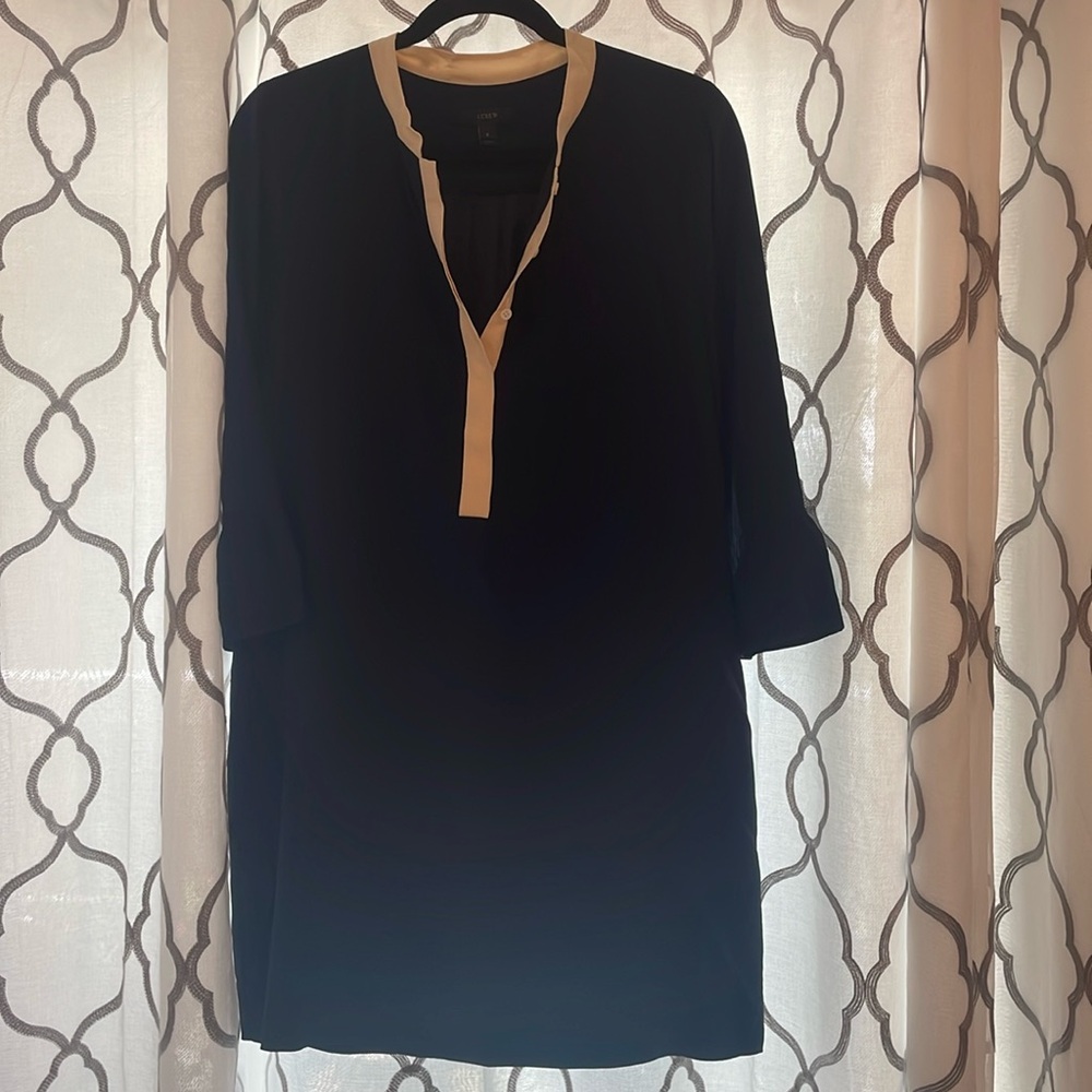 J. Crew silky blue shirt dress with cream trim